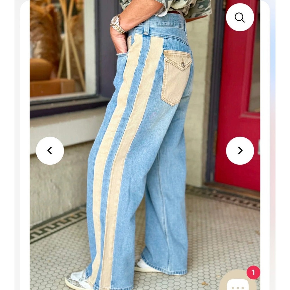 Beautiful Soul Light Wash Wide Leg Jeans‎ Blue Tan Side Stripe Drawstring 32x29